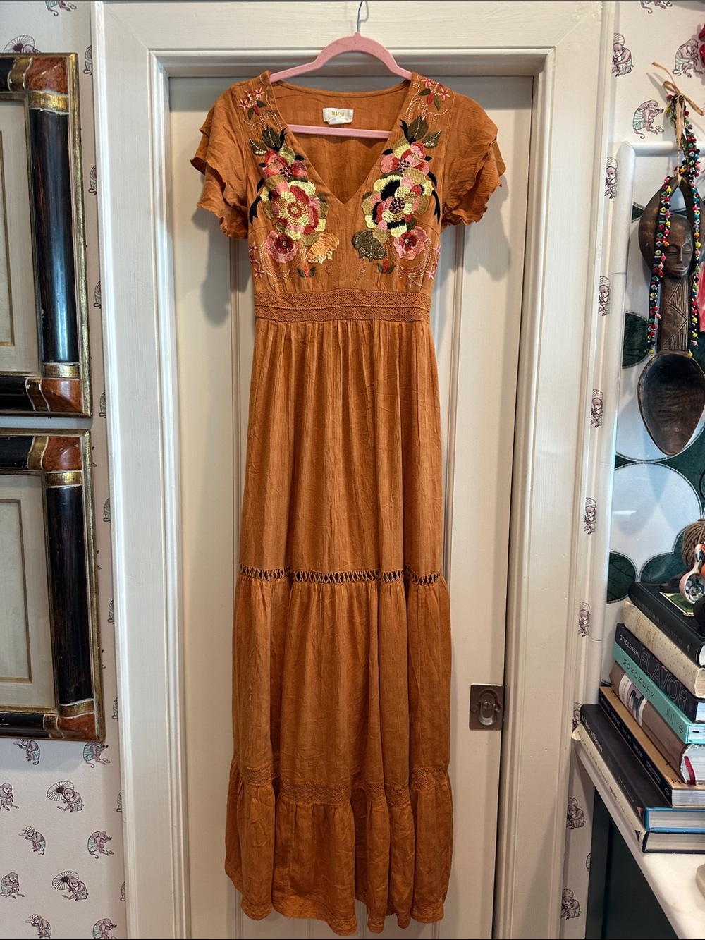 Anthropologie Embroidered V-Neck Maxi Dress in Rust